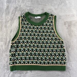 STRADIVARIUS Women's M Geometric Knit Sweater Vest Green Beige Black Reto Boho